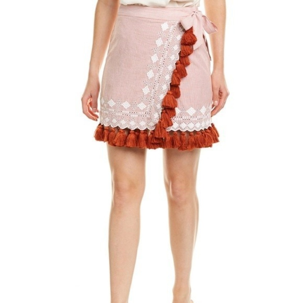 Tularosa Hyde Wrap Skirt Embroidered Cotton Tassel Burnt Orange Womens L